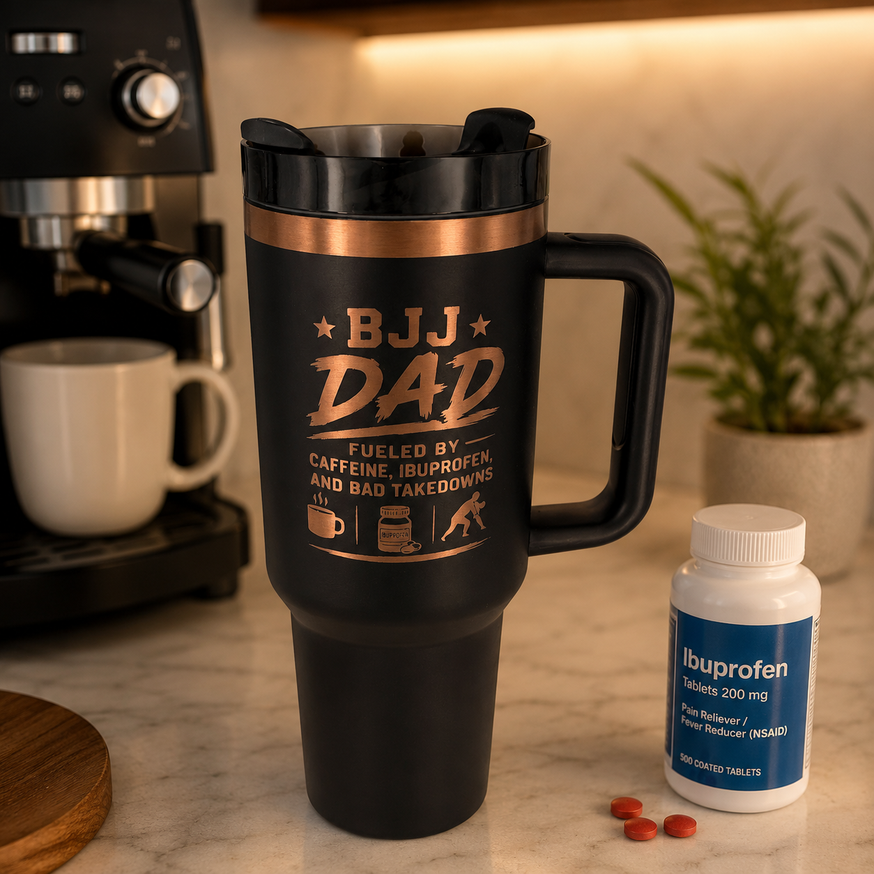 BJJ Dad - Fueled by caffeine, ibuprofen, and bad takedowns – Personalized Laser Engraved BJJ Tumbler