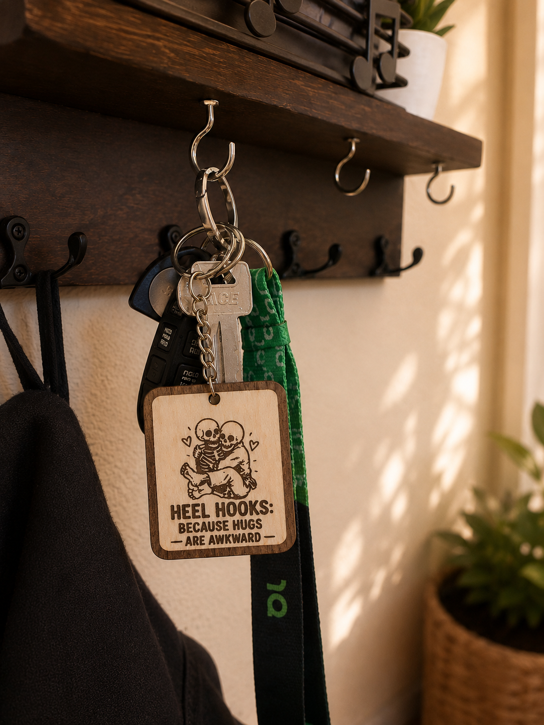 Heel hooks Because hugs are awkward – Personalized Laser Engraved Jiu Jitsu Keychain | Durable, Lightweight, Gift for Grapplers