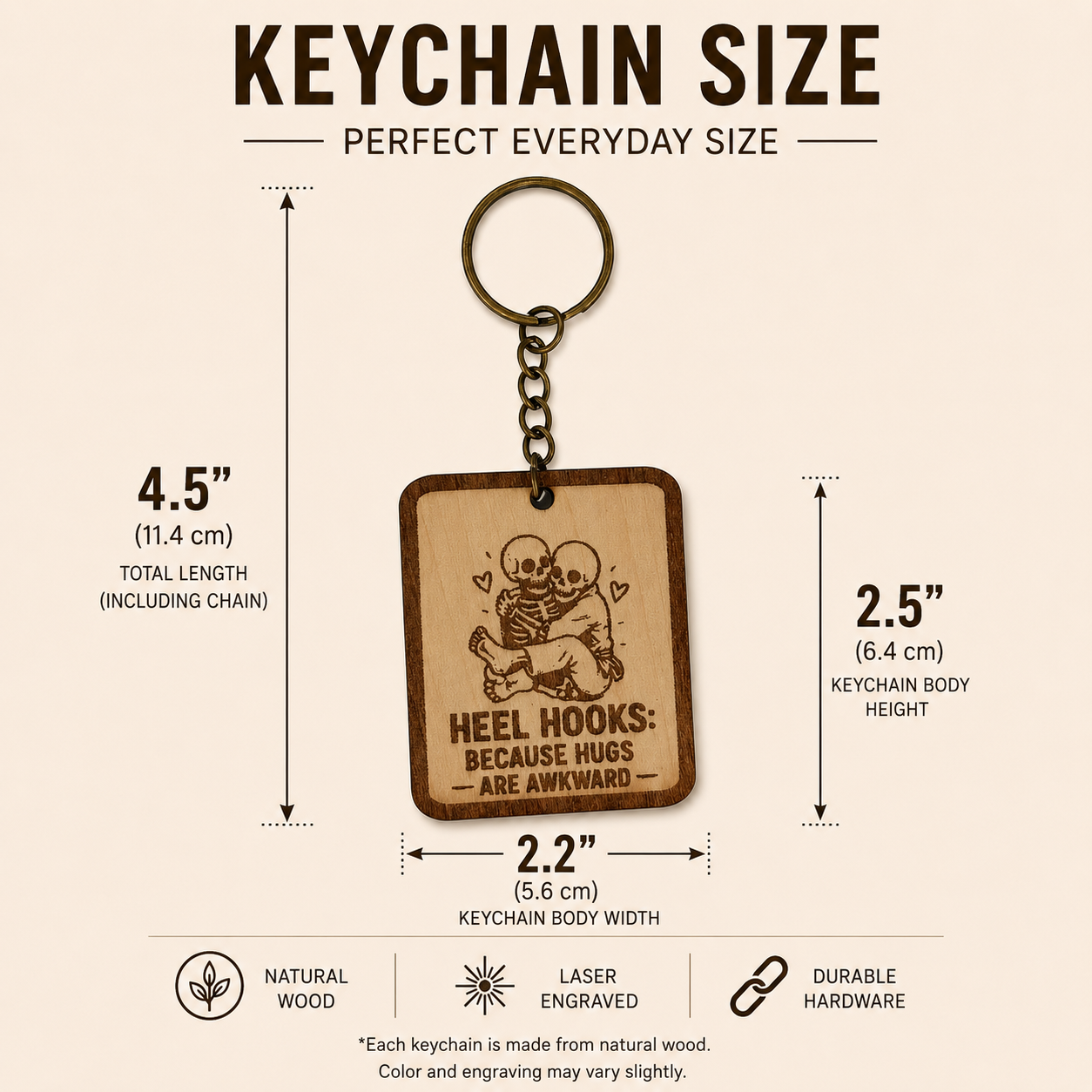 Heel hooks Because hugs are awkward – Personalized Laser Engraved Jiu Jitsu Keychain | Durable, Lightweight, Gift for Grapplers