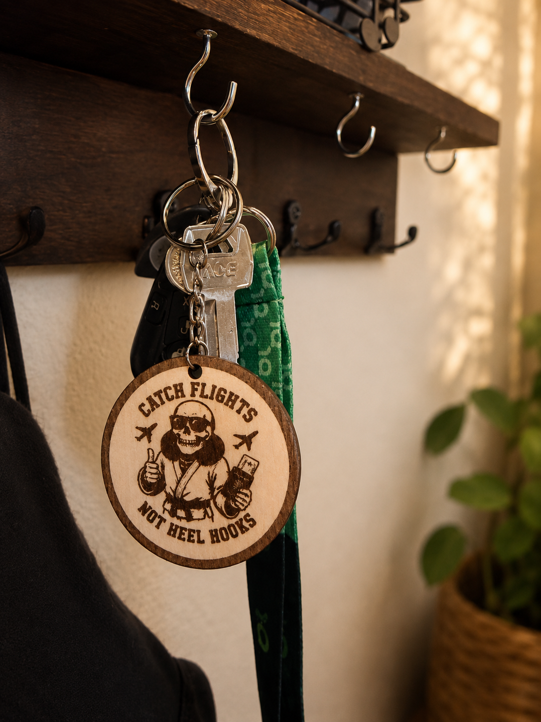 Catch Flights Not Heel Hooks Skull Design – Personalized Laser Engraved Jiu Jitsu Keychain | Durable, Lightweight, Gift for Grapplers