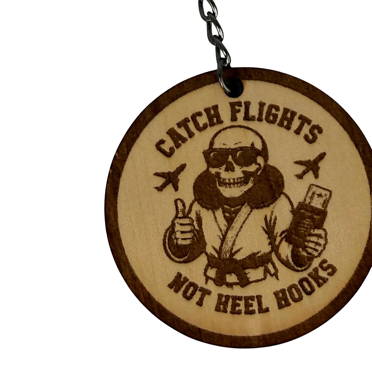 Catch Flights Not Heel Hooks Skull Design – Personalized Laser Engraved Jiu Jitsu Keychain | Durable, Lightweight, Gift for Grapplers