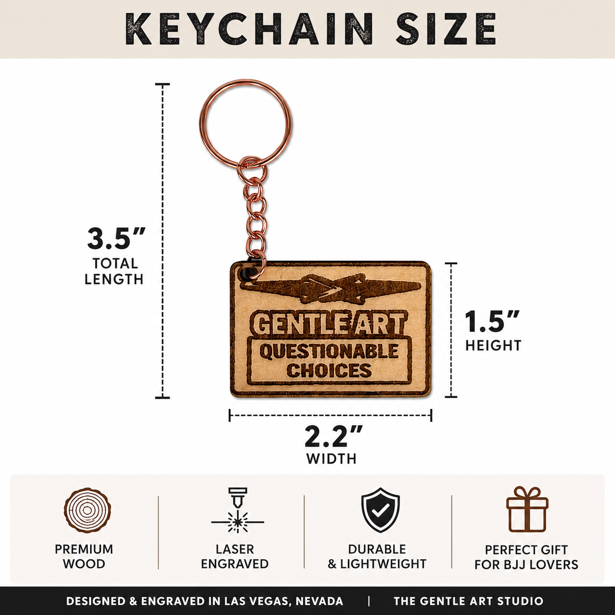 Gentle Art Questionable Choices – Personalized Laser Engraved Jiu Jitsu Keychain | Durable, Lightweight, Gift for Grapplers