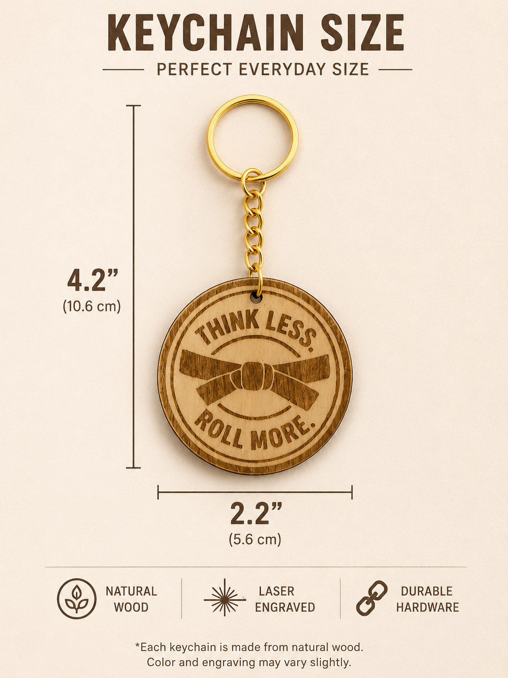 Think Less. Roll More. – Personalized Laser Engraved Jiu Jitsu Keychain | Durable, Lightweight, Gift for Grapplers