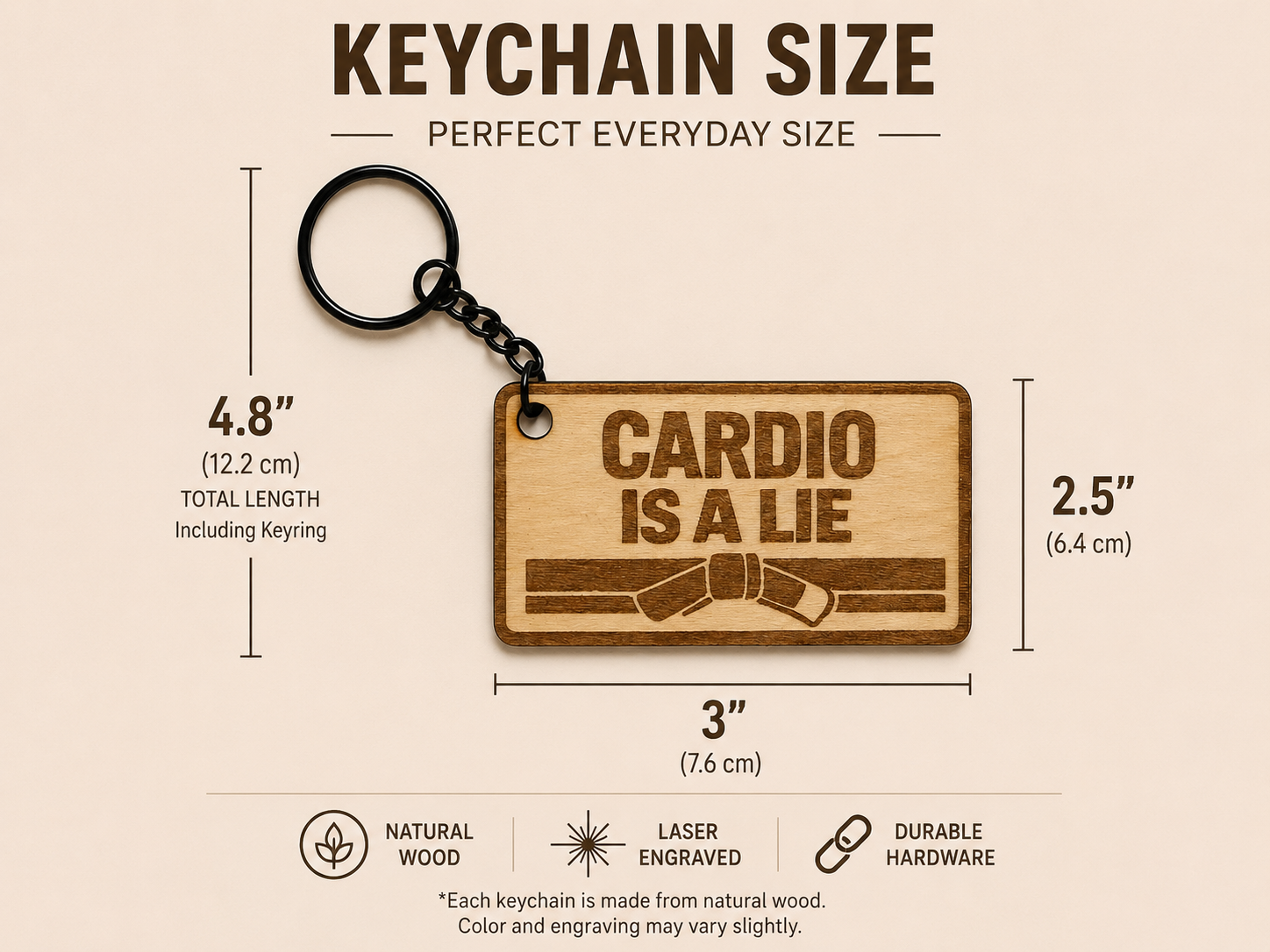 Cardio Is A Lie – Personalized Laser Engraved Jiu Jitsu Keychain | Durable, Lightweight, Gift for Grapplers